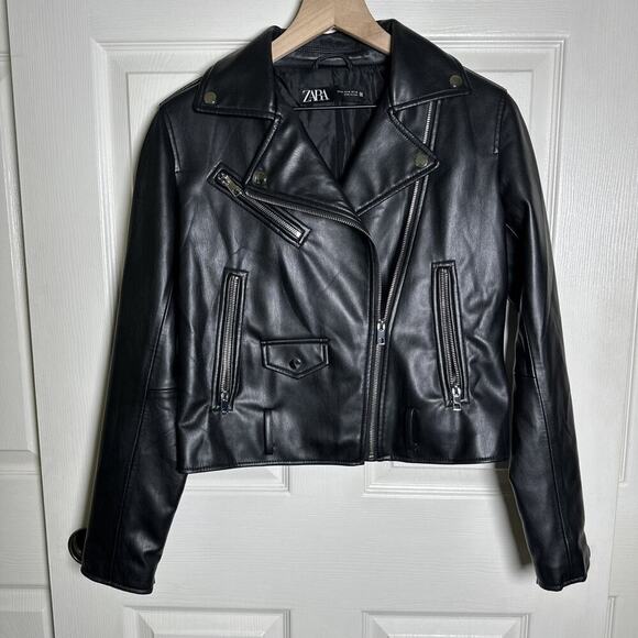 ZARA Womens Jacket Black Faux Leather Biker Sz Medium Full Zip Moto Silver Rock - Picture 1 of 14
